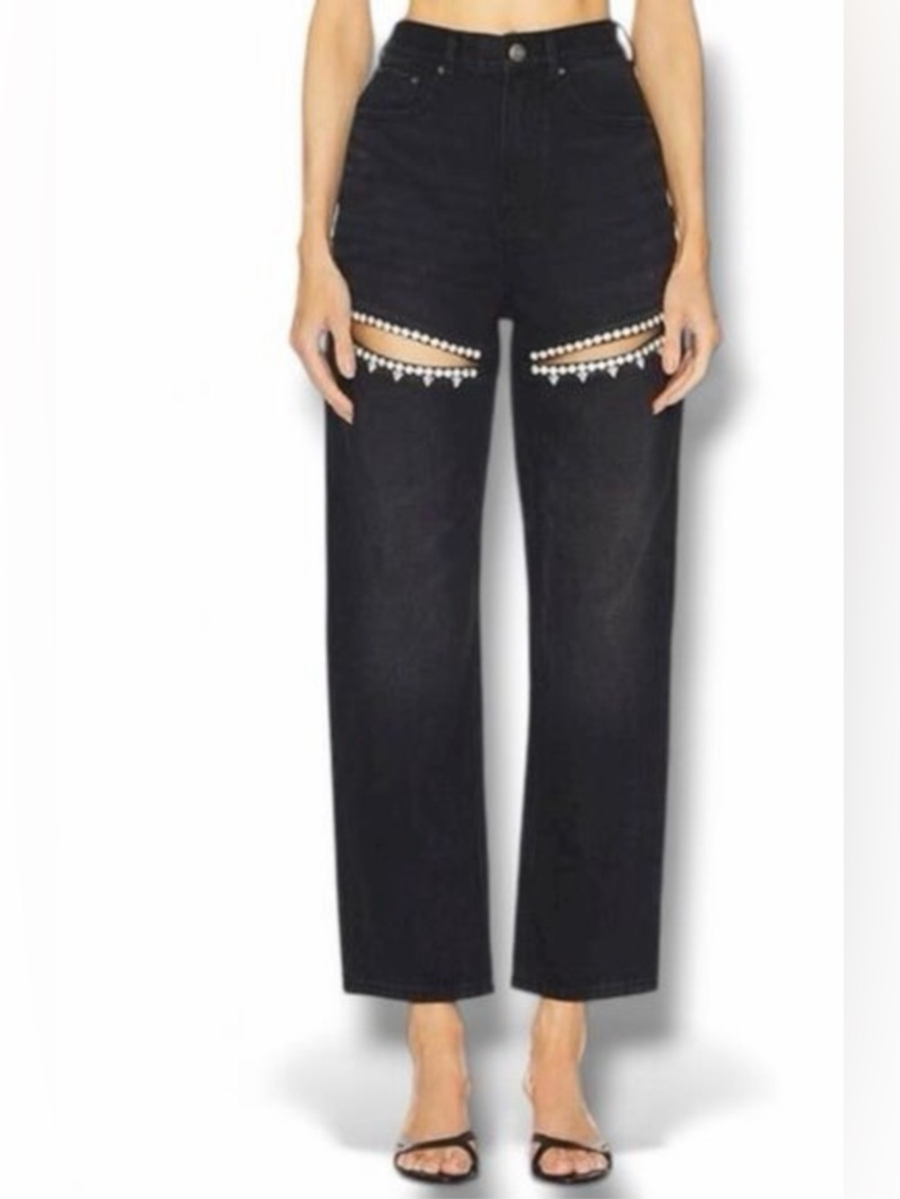 Torn by Ronny Kobo Mariah High-Rise Black Jeans with Rhinestone crystal Cutouts